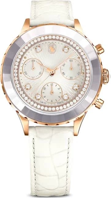 Garde-temps Swarovski 5671150 pour femme, cadran blanc, bracelet cuir blanc, chronographe cristaux