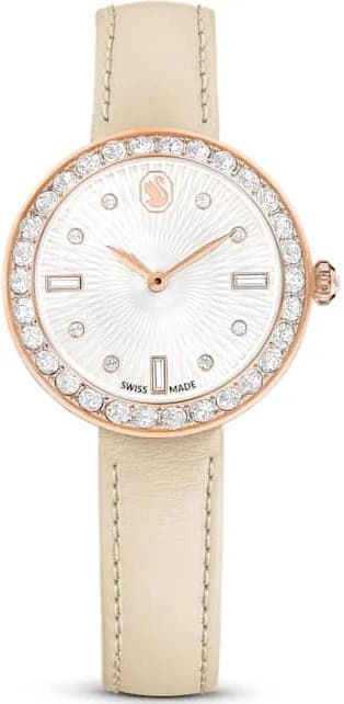Garde-temps Swarovski 5672968 pour femme, cadran guilloché blanc, bracelet cuir beige