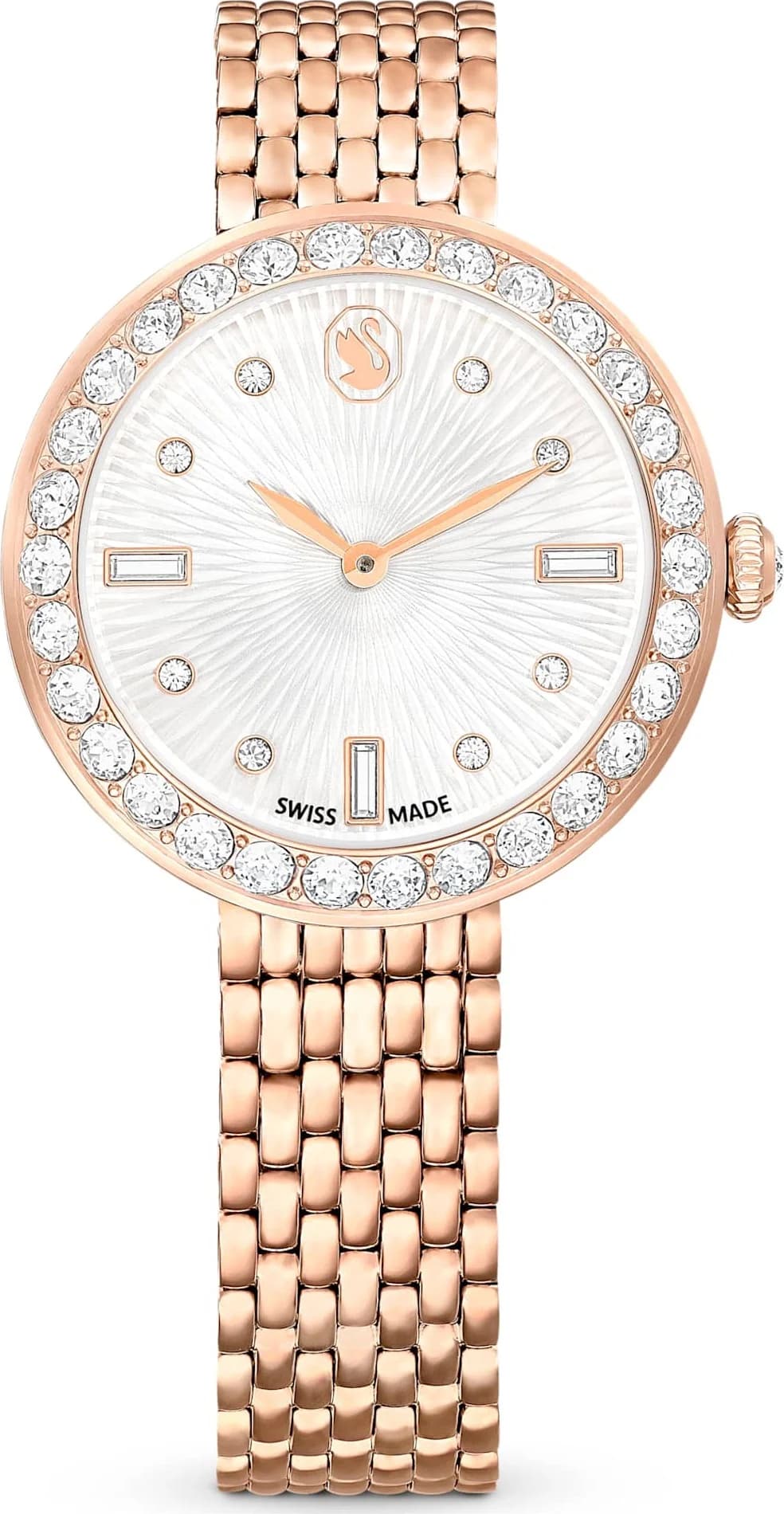 Garde-temps Swarovski 5672981 pour femme, boîtier cristaux, cadran blanc, bracelet acier or rose