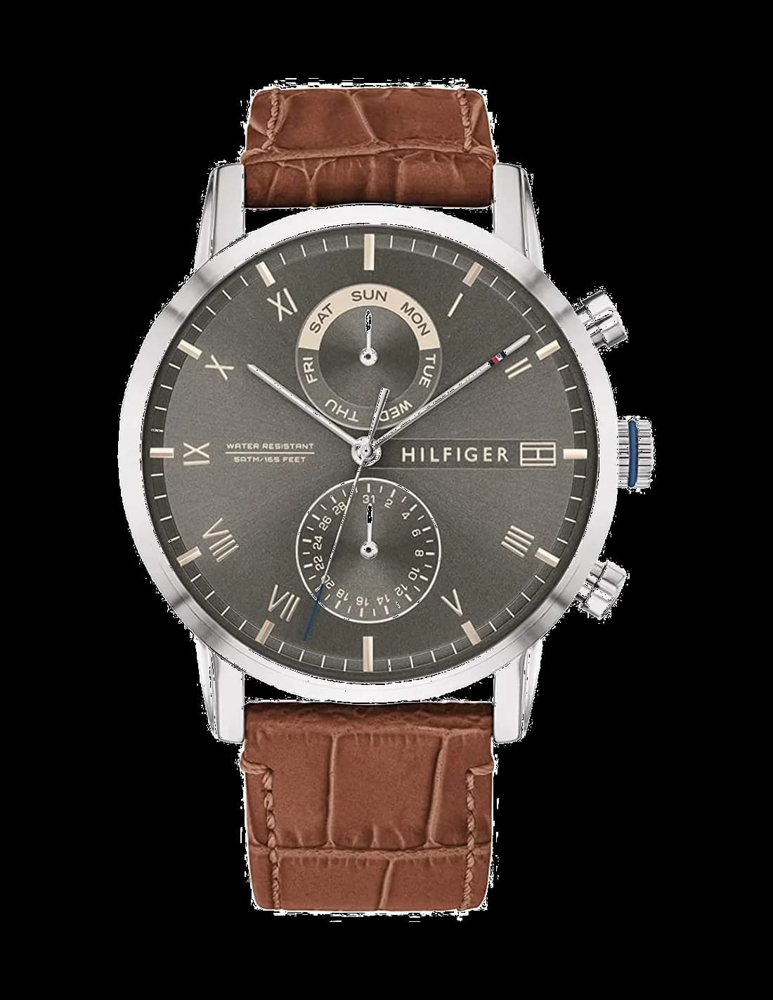Garde-temps Tommy Hilfiger 1710398 pour homme, cadran gris multifonction et bracelet cuir