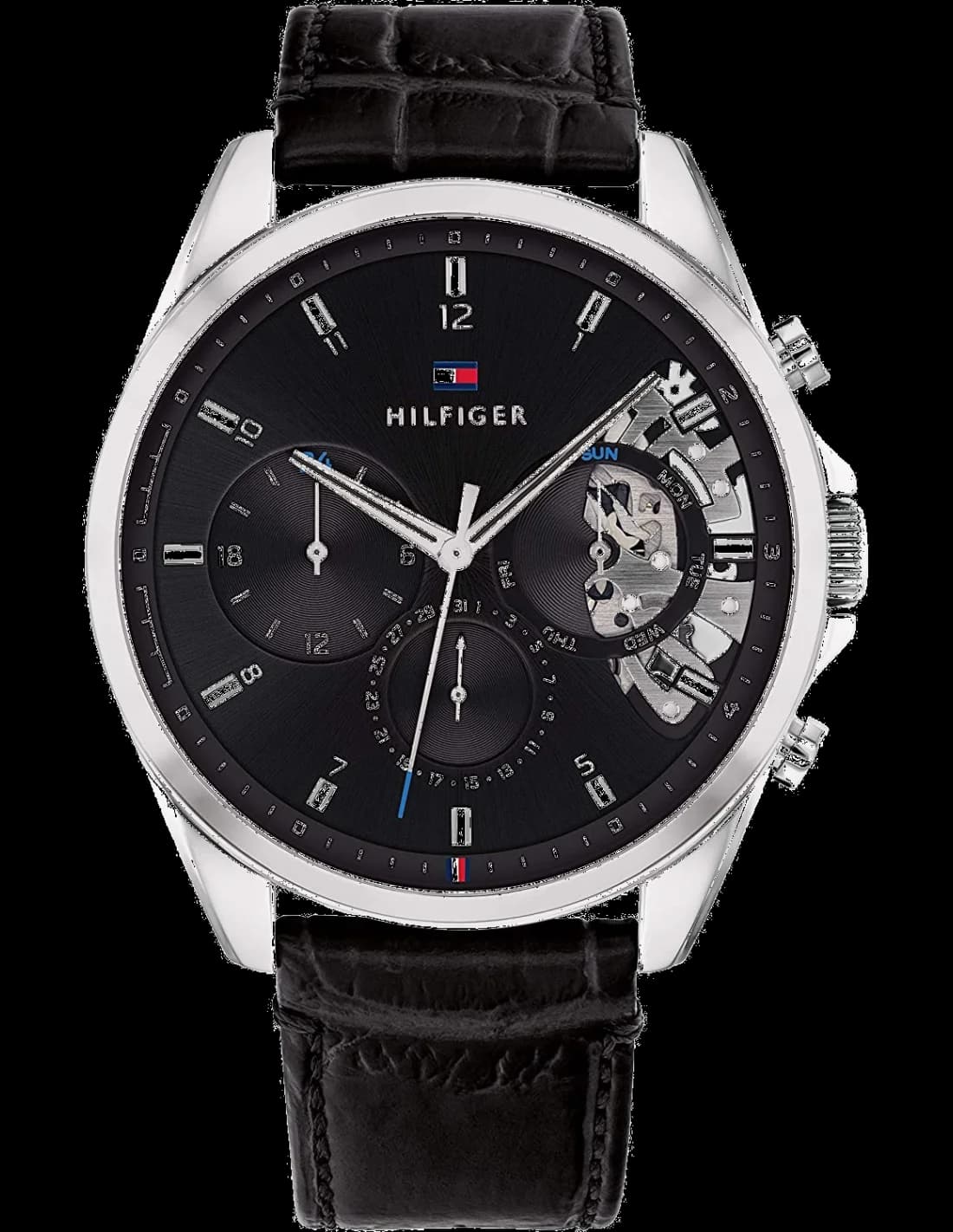 Garde-temps Tommy Hilfiger 1710449 pour homme, au cadran squelette noir sur cuir