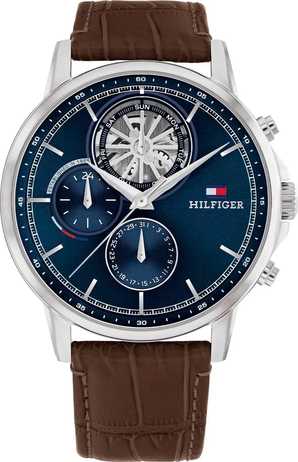 Garde-temps Tommy Hilfiger 1710629 pour homme, bracelet cuir marron cadran bleu multifonctions