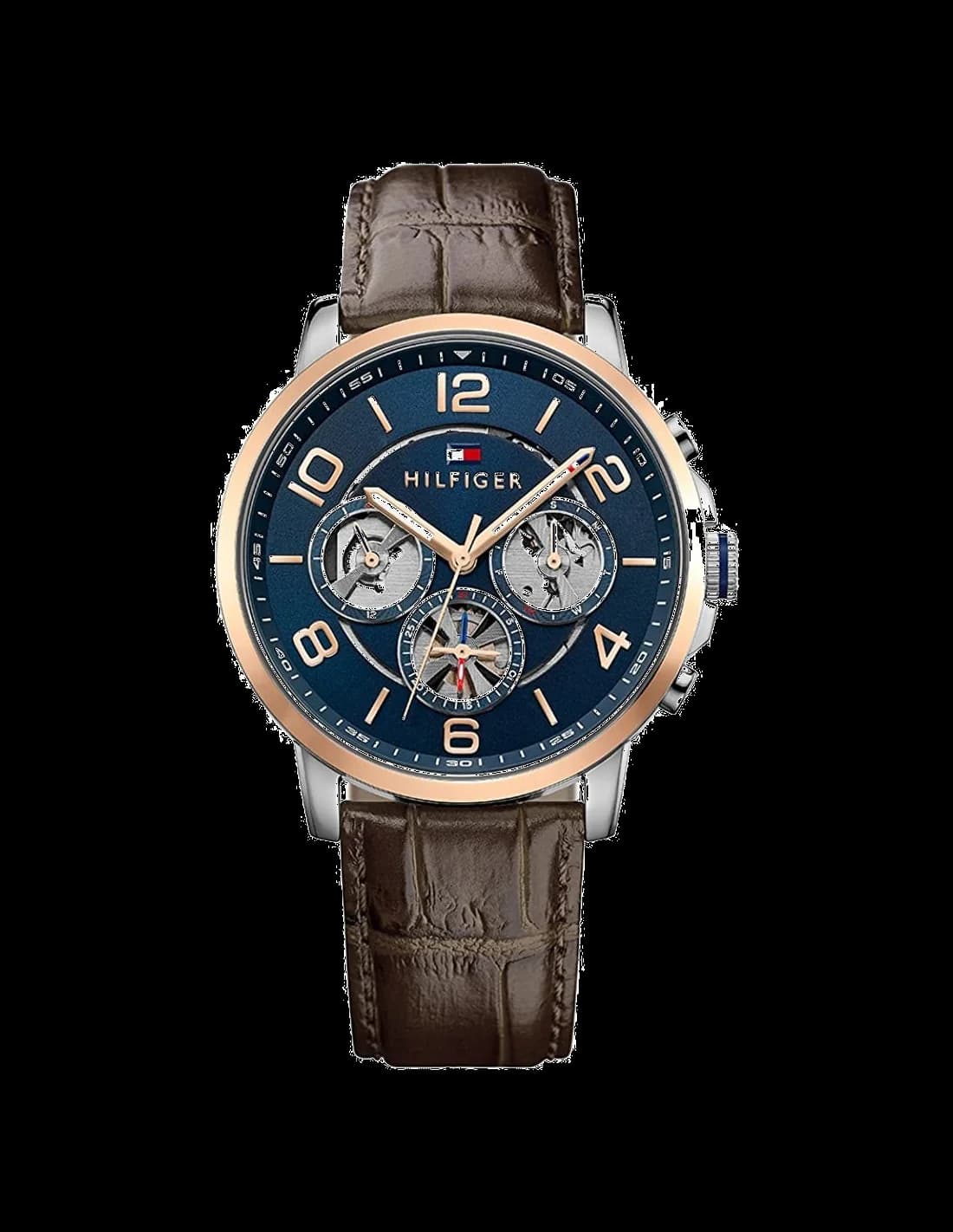 Garde-temps Tommy Hilfiger 1791290 pour homme, bleu squelette, cuir brun vintage