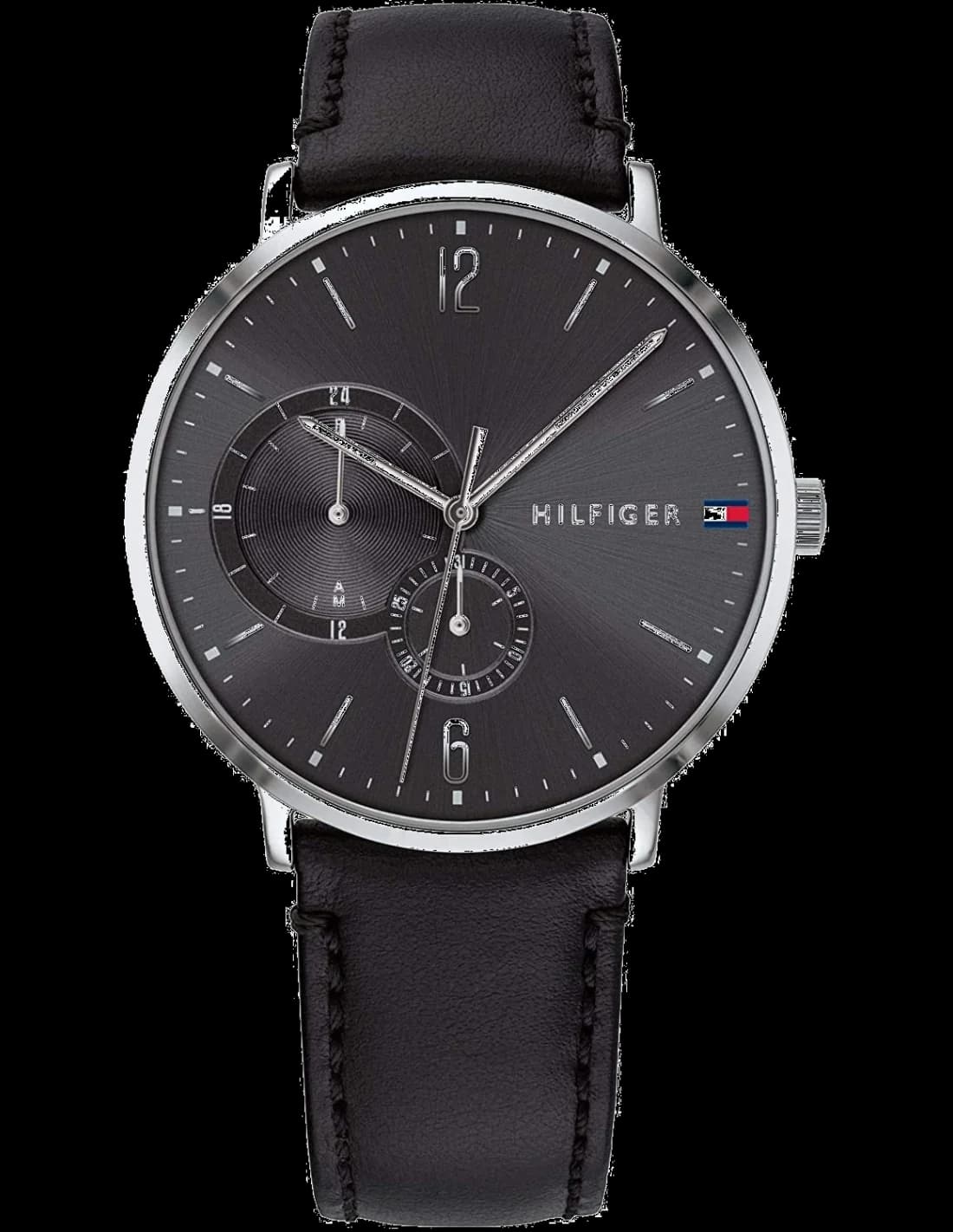 Garde-temps Tommy Hilfiger 1791509 pour homme, acier argenté cadran noir cuir noir