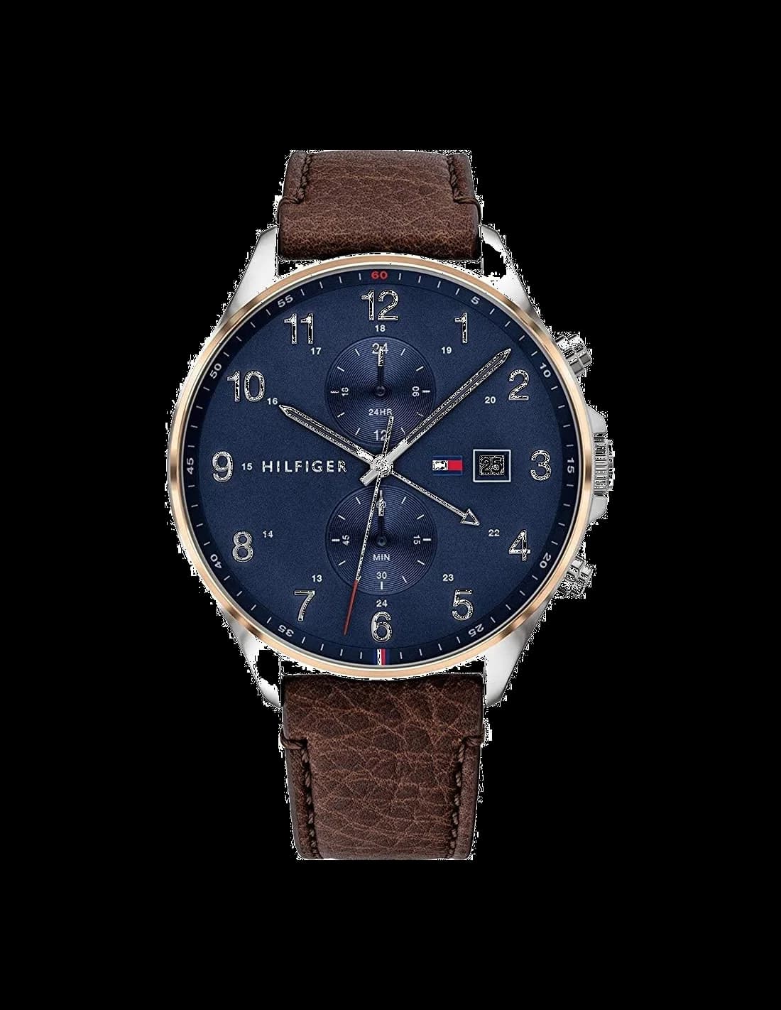 Garde-temps Tommy Hilfiger 1791712 pour homme, cadran bleu sur bracelet cuir marron