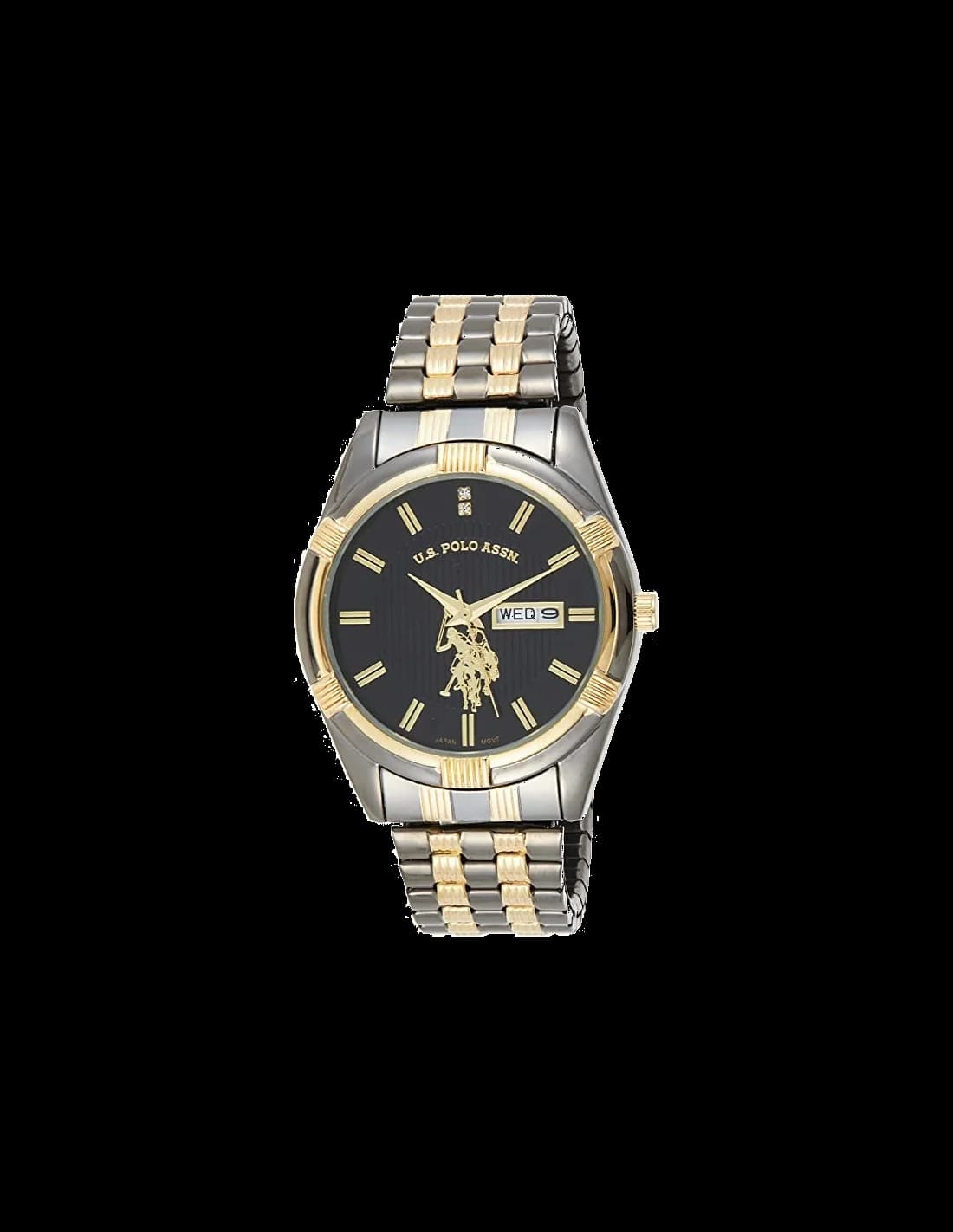 Garde-temps US Polo USC80047 au cadran gris soleil, index bâtons dorés et aiguilles bicolores sur fond argenté