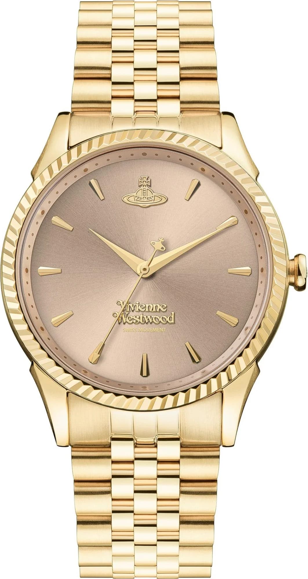 Garde-temps Vivienne Westwood VV240PKGD au cadran rose soleillé, aiguilles dorées et index bâtons, style iconique orbe