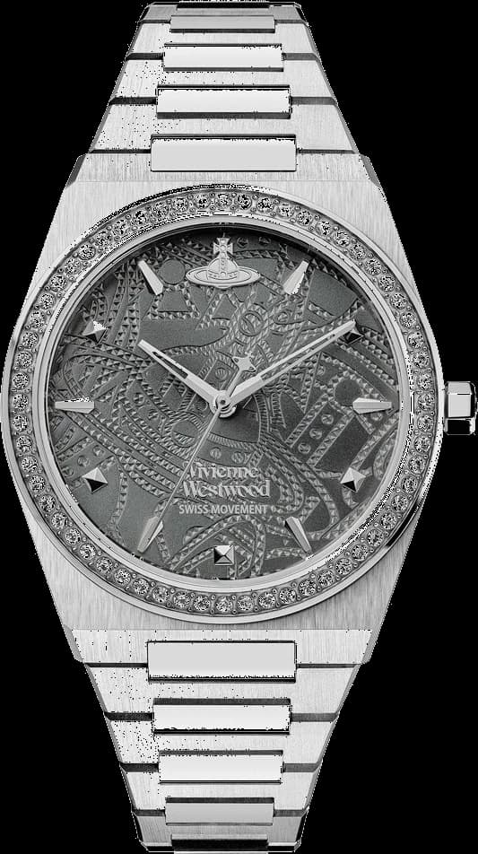 Garde-temps Vivienne Westwood VV244GYSL au cadran gris soleillé, aiguilles bâtons et index appliqués, style classique chic