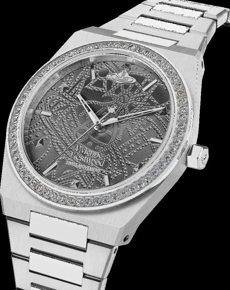 Visage cadran Vivienne Westwood VV244GYSL dévoile index bâtons appliqués, aiguilles dauphines polies, date à 3h, fond gris satiné