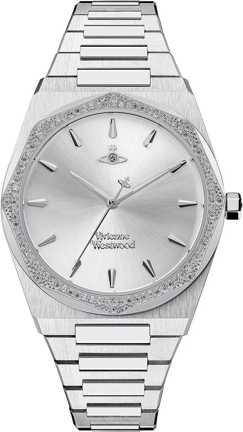Garde-temps Vivienne Westwood VV244SLSL avec cadran blanc nacré, index dorés et aiguilles en acier, style élégant et raffiné