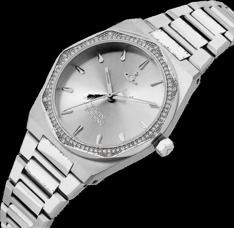 Visage cadran Vivienne Westwood VV244SLSL aux index bâtons dorés et aiguilles dauphine, complications date et quantième