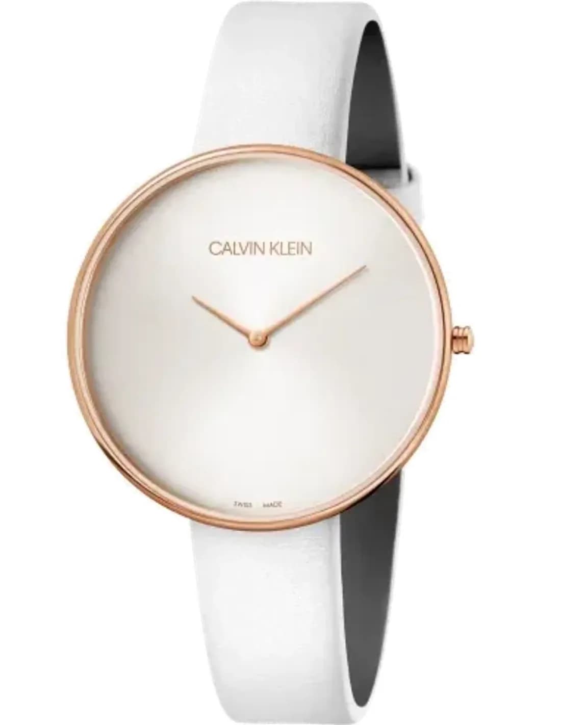 Montre Calvin Klein Full Moon K8Y236L6 pour Femme, Cadran Blanc, Boîtier Or Rose, Bracelet Cuir Blanc