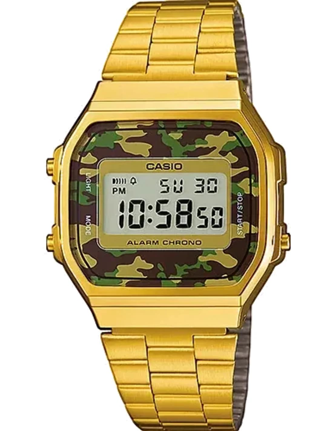 Montre Casio Vintage A168WEGC-3EF - Boîtier Or & Cadran Digital Camouflage Vert Militaire - Unisexe