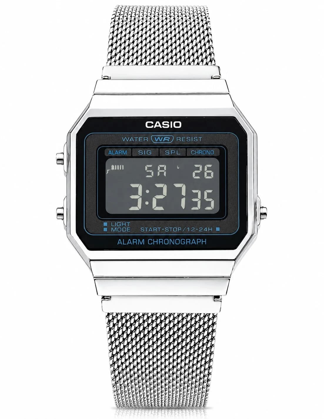 Montre Casio Vintage A700WEM-1A - Cadran Noir Digital sur maille milanaise Argent - Unisexe