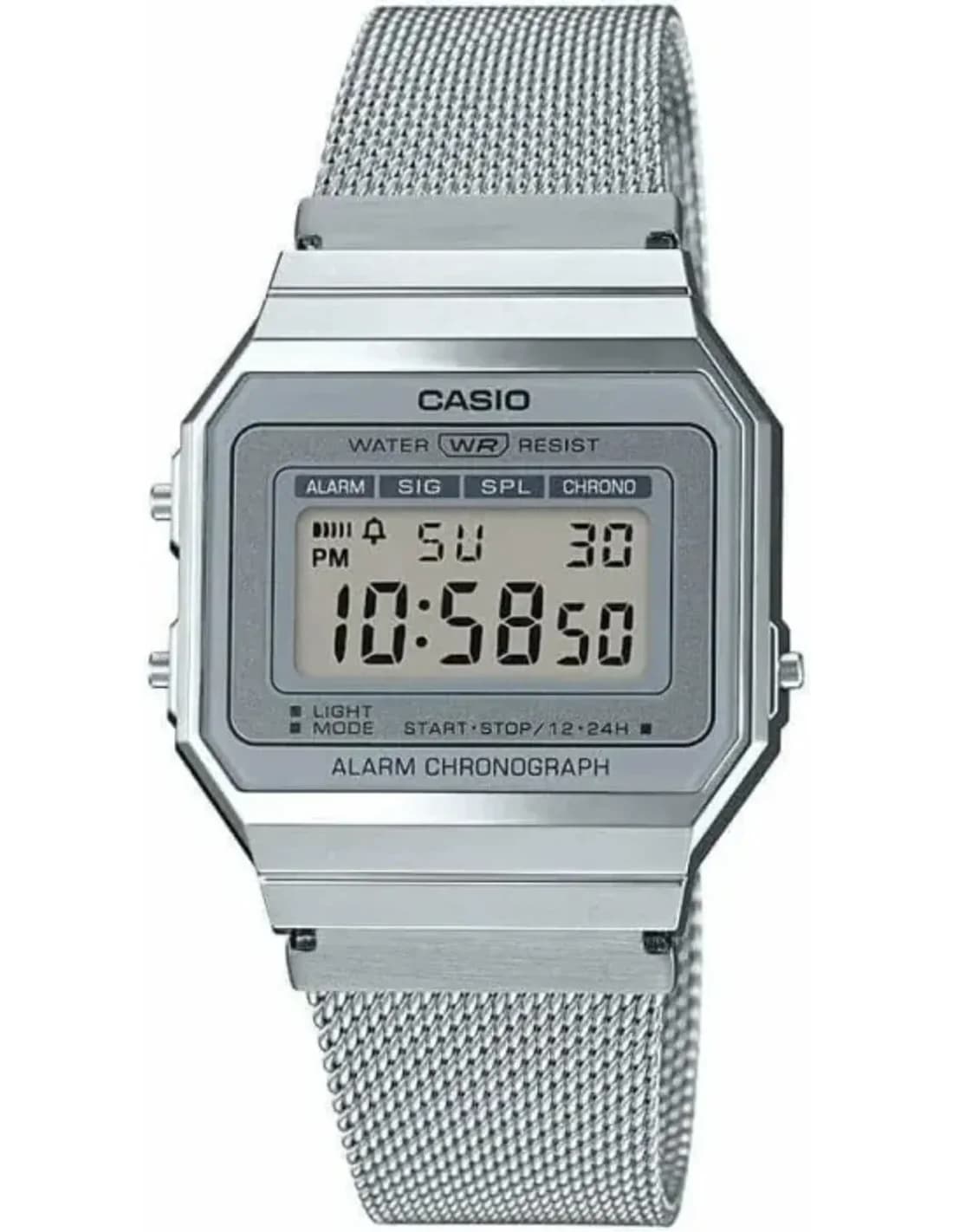 Montre Casio A700WEM-7AEF Vintage - Cadran digital gris, bracelet maille milanaise argent - Unisexe