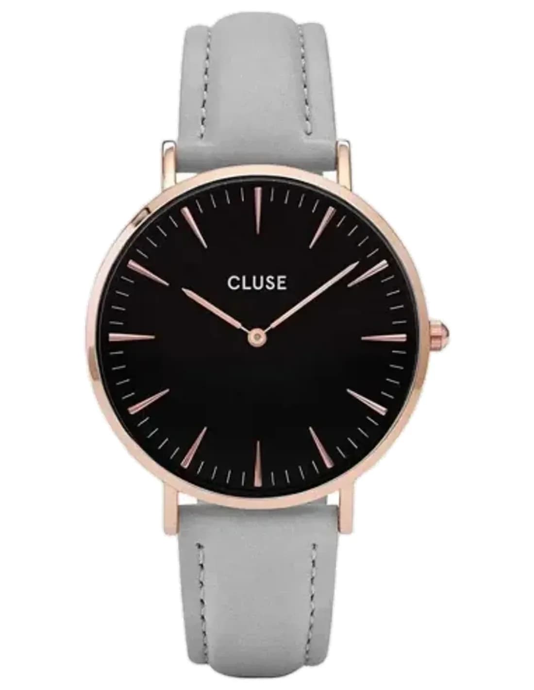 Montre Femme Cluse La Bohème CL18018 - Cadran Noir, Boîtier Or Rose, Bracelet Cuir Gris