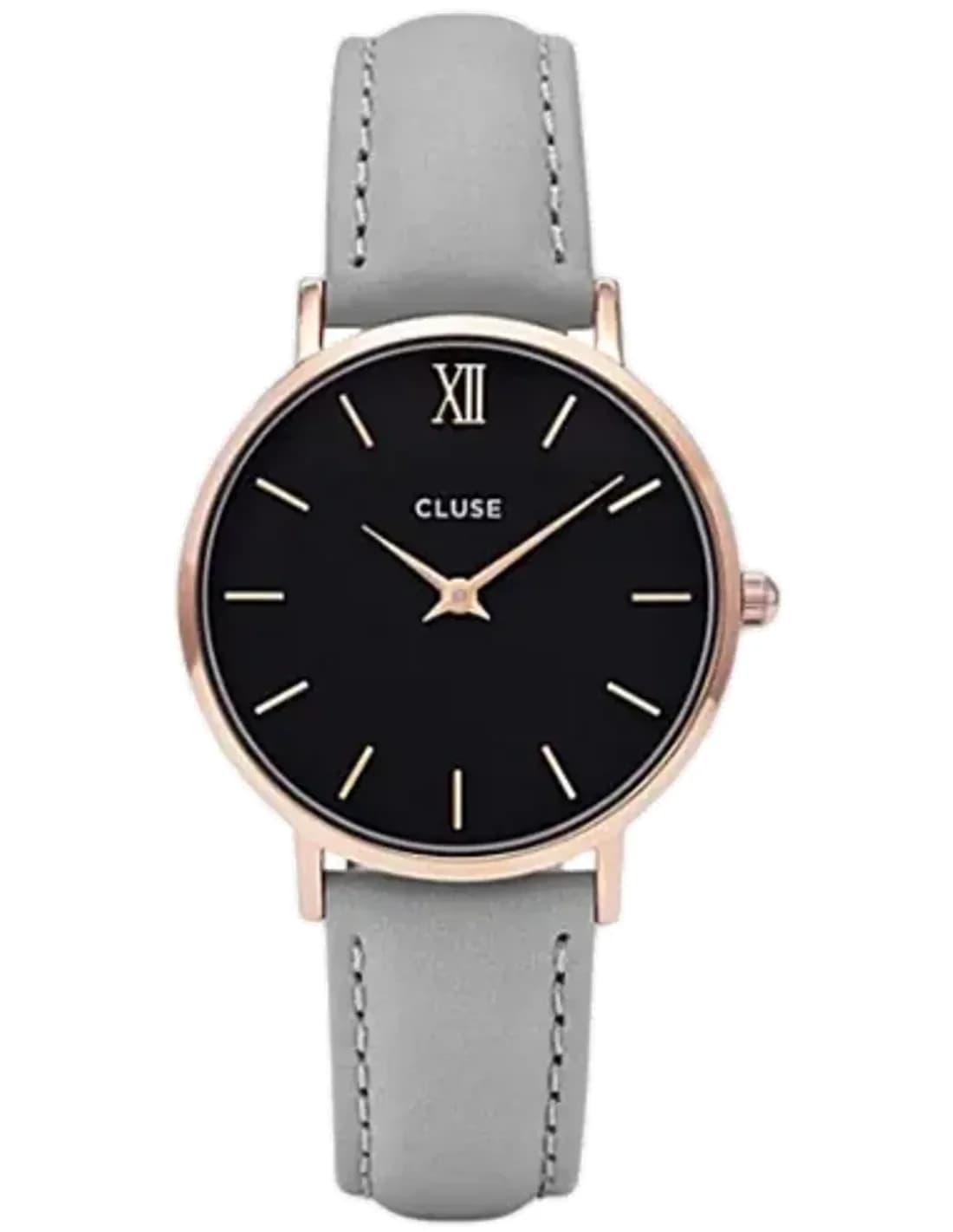 Montre Cluse Minuit CL30018, Cadran Noir 33mm, Boîtier Or Rose, Bracelet Cuir Gris - Unisexe