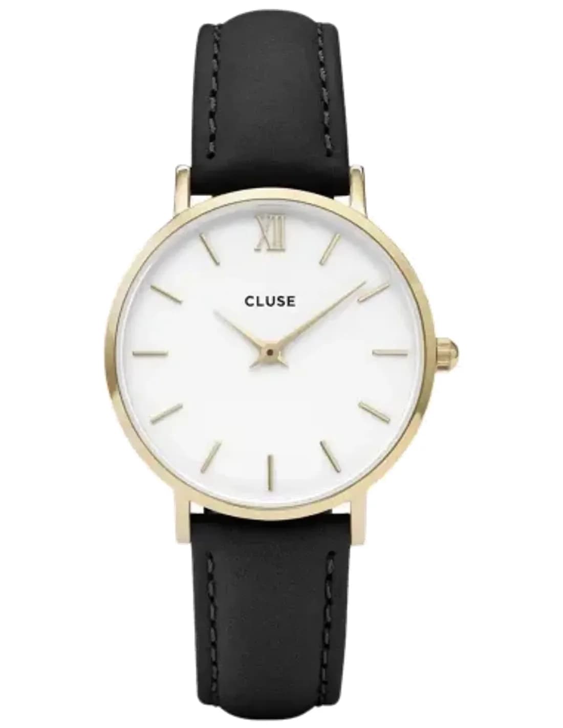 Montre Cluse Minuit CL30019 - Boîtier or, cadran blanc, bracelet cuir noir - Unisexe