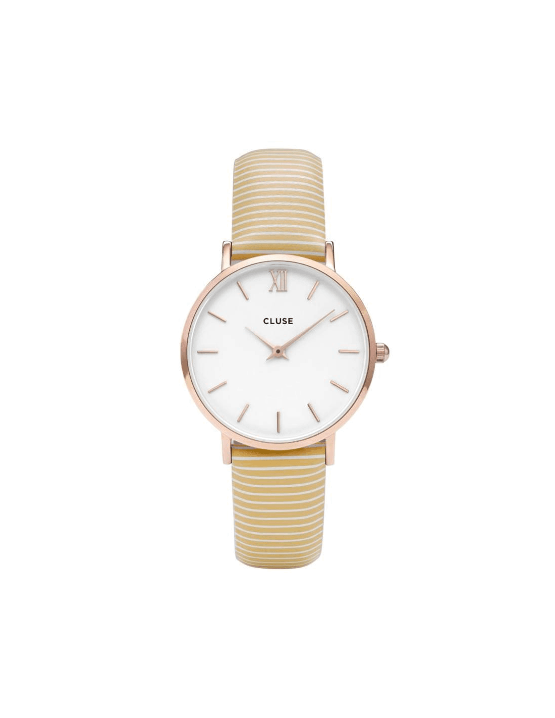Montre Cluse Minuit CL30032 pour Femme, Cadran Blanc, Bracelet Cuir Beige à Rayures