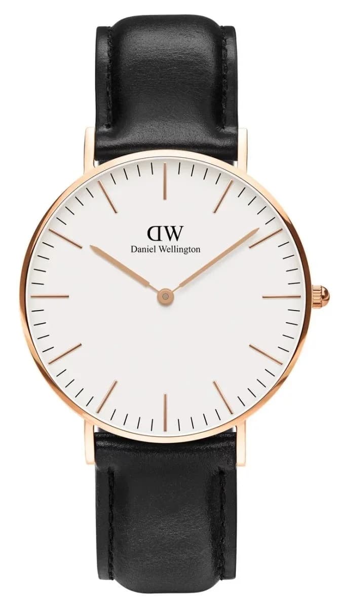 Montre Daniel Wellington Classic Sheffield DW00100036, cadran blanc 36 mm, boîtier or rose, bracelet cuir noir - Unisexe