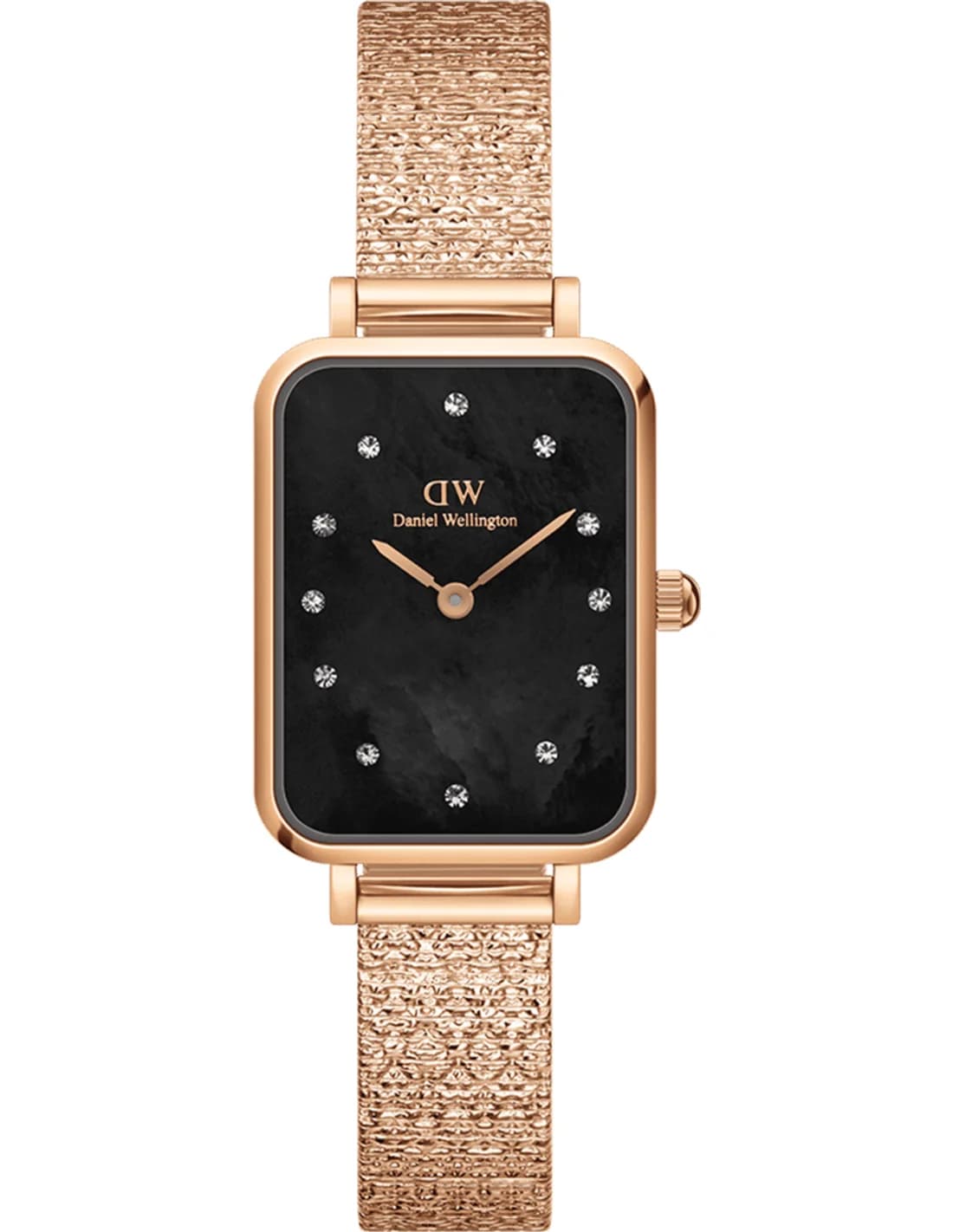 Montre Femme Daniel Wellington DW00100579 Quadro Lumine - Cadran Noir Rectangulaire, maille milanaise Or Rose