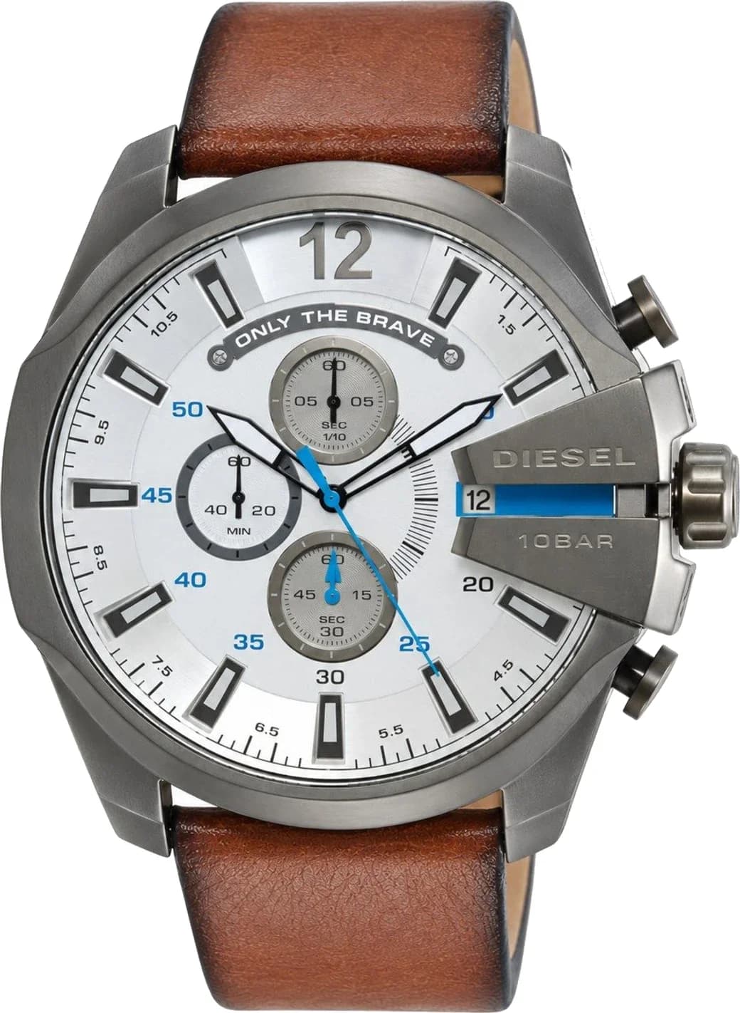 Montre Diesel Mega Chief DZ4280 pour Homme - Boîtier Gris anthracite, Cadran Blanc, Bracelet Cuir Marron