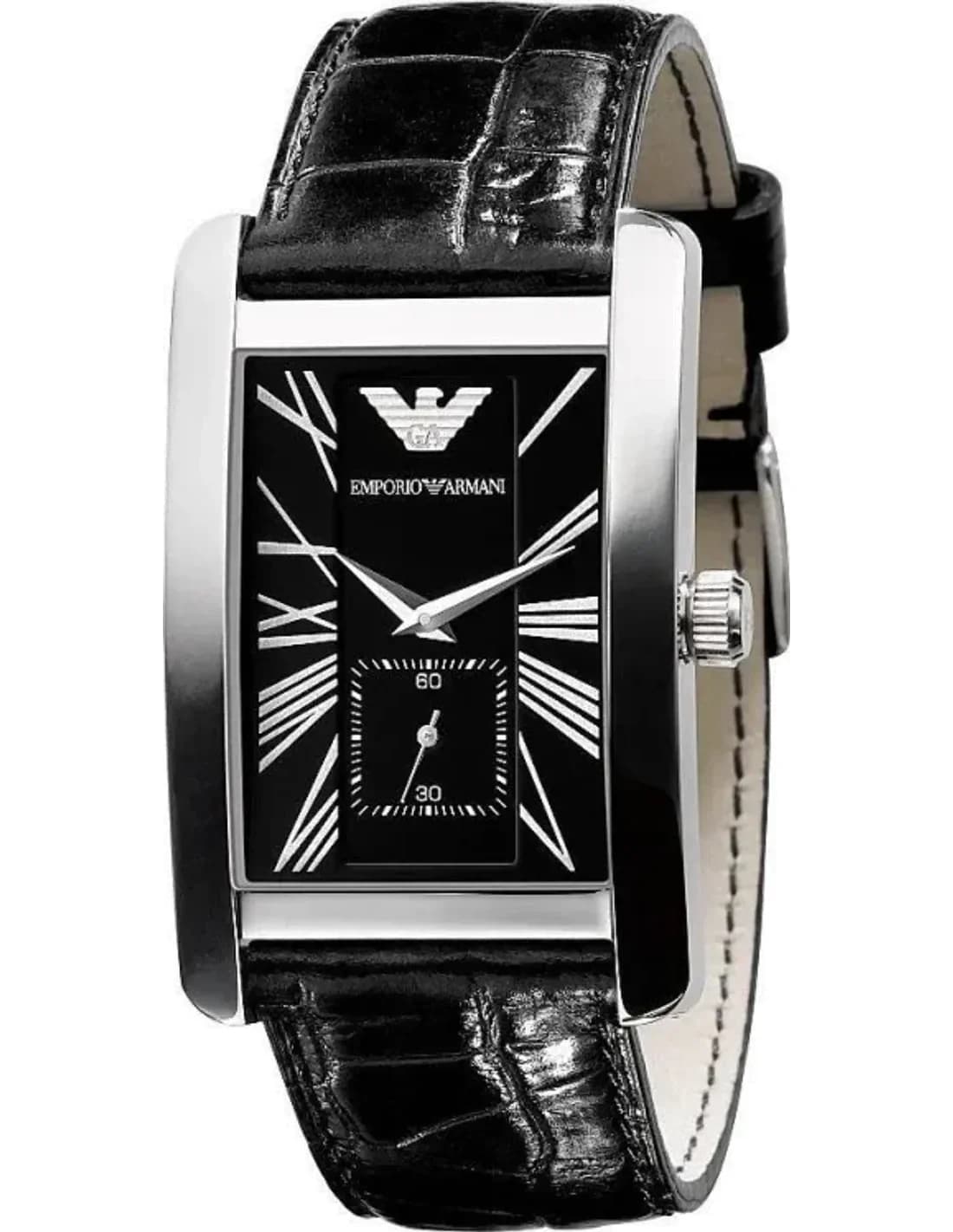 Montre Homme Emporio Armani AR0143 - Boîtier Rectangulaire Argenté, Cadran Noir, Bracelet Cuir Noir