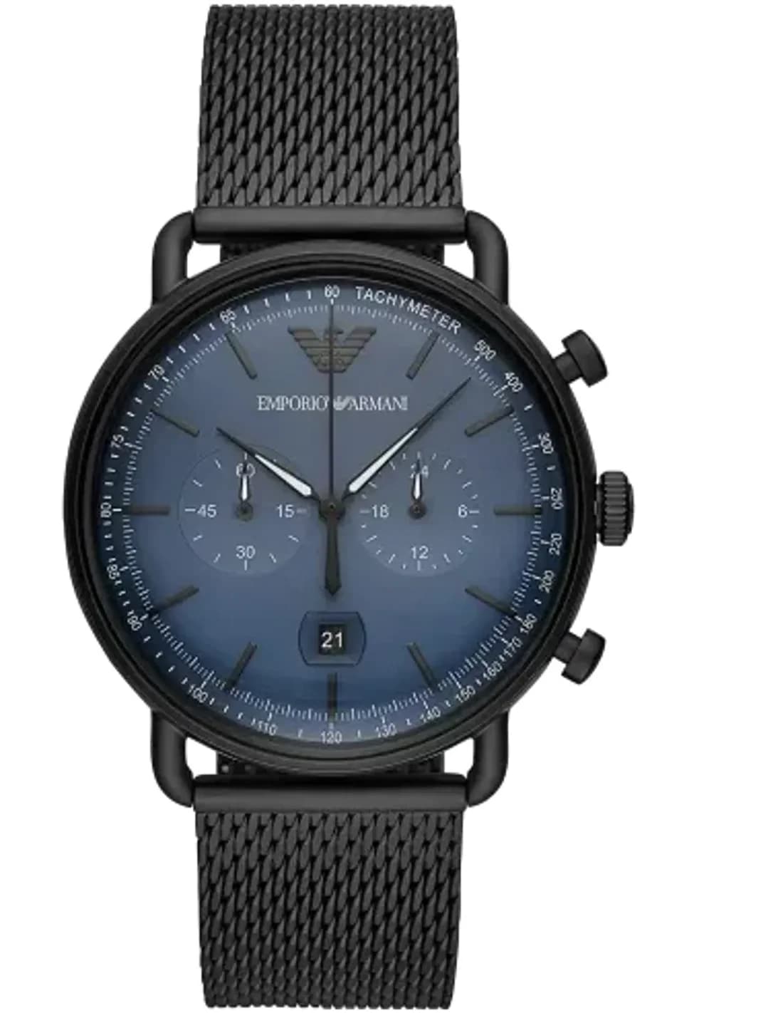 Montre Homme Emporio Armani Aviator AR11201, boîtier et maille milanaise noire, cadran bleu