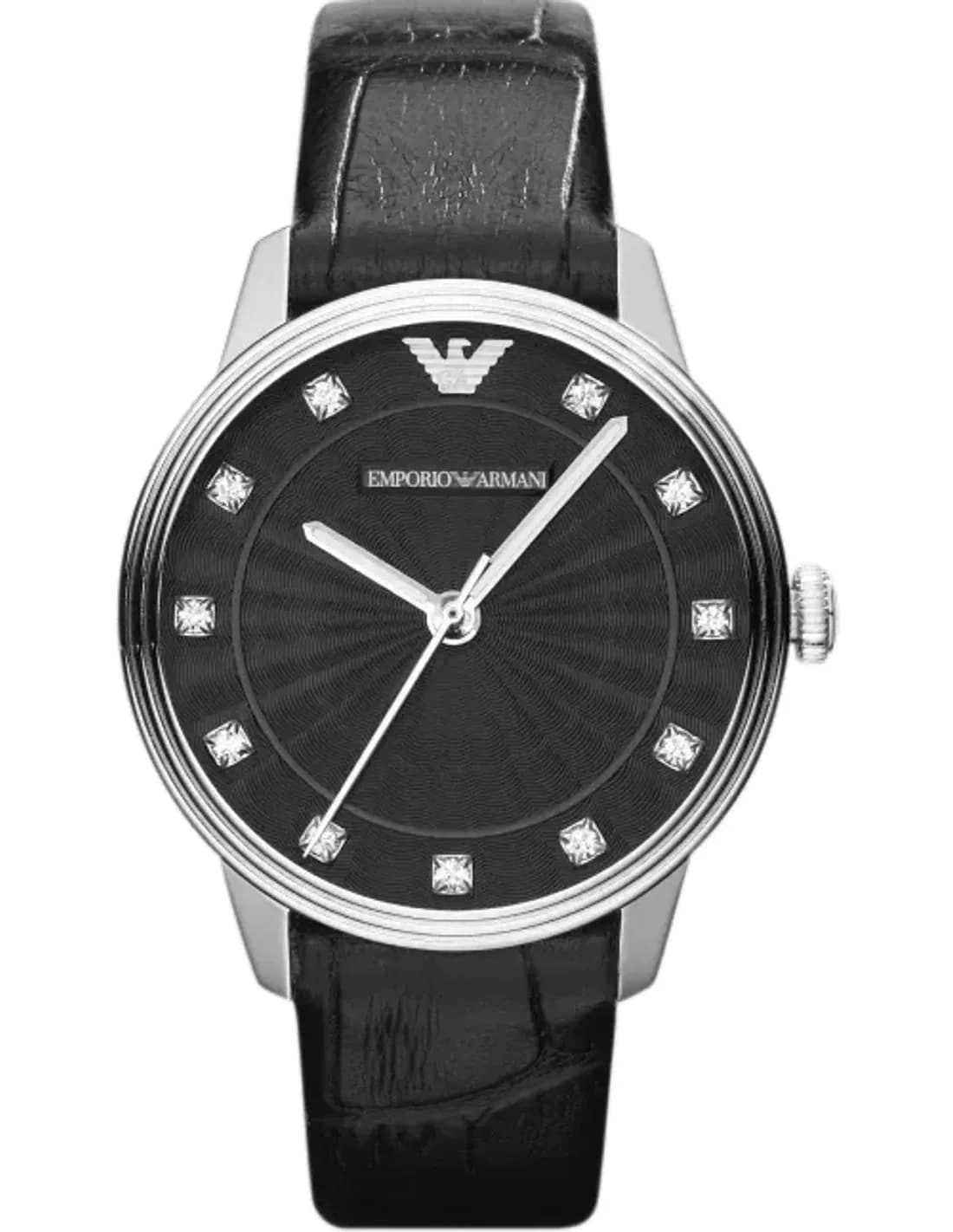 Montre Femme Emporio Armani AR1618 - Cadran Noir, Bracelet Cuir Crocodilé Noir et Strass