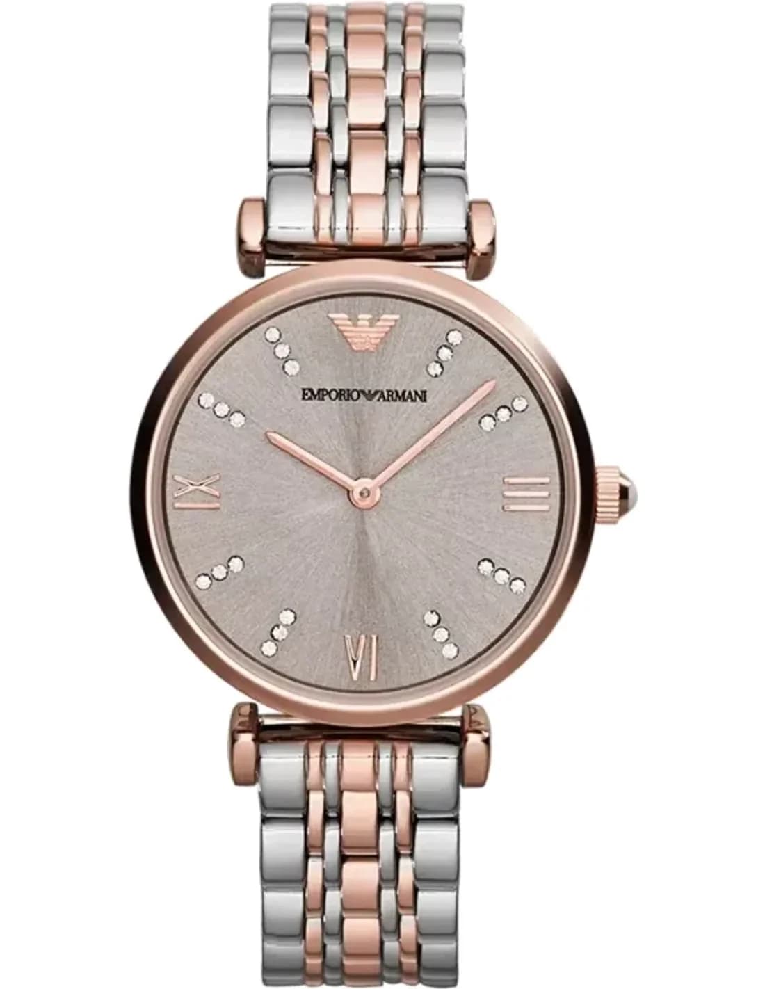Montre Femme Emporio Armani AR1840 - Cadran Bronze, Bracelet Acier Bi-ton Argent/Or Rose, Index Strass