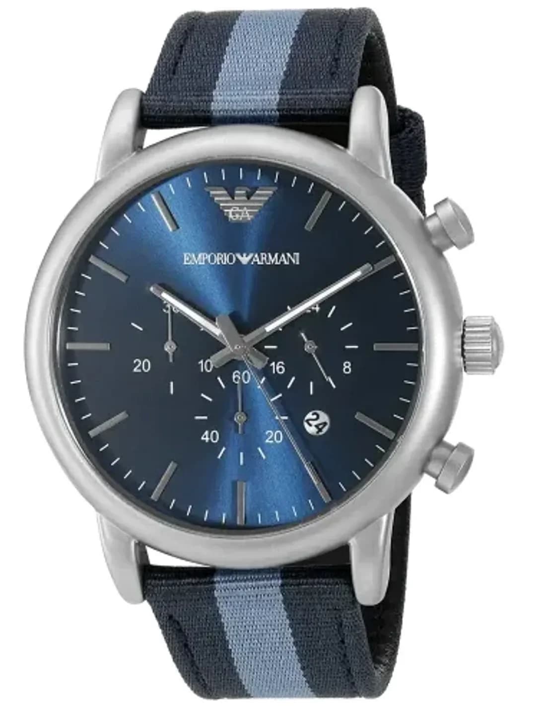 Montre Homme Emporio Armani AR1949 Chronographe Cadran Bleu Bracelet NATO Bicolore