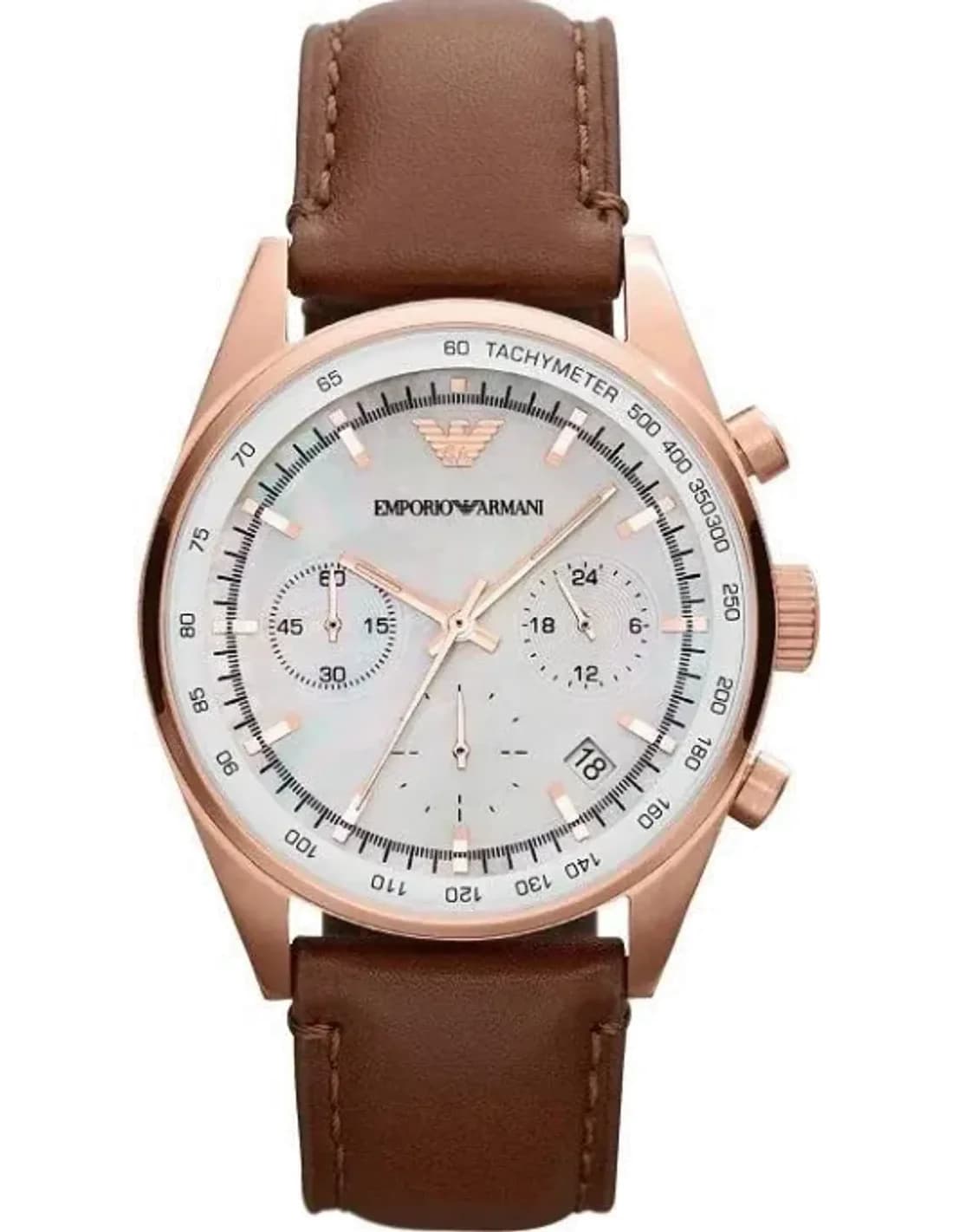 Montre Emporio Armani Sportivo AR5996 pour Femme, Cadran Nacre, Boîtier Or Rose, Bracelet Cuir Marron