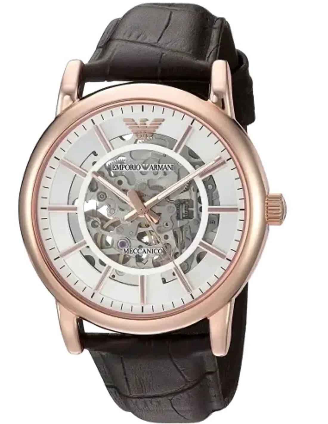 Montre Homme Emporio Armani AR60007 Automatique Squelette, Boîtier Or Rose, Cadran Blanc, Bracelet Cuir Marron