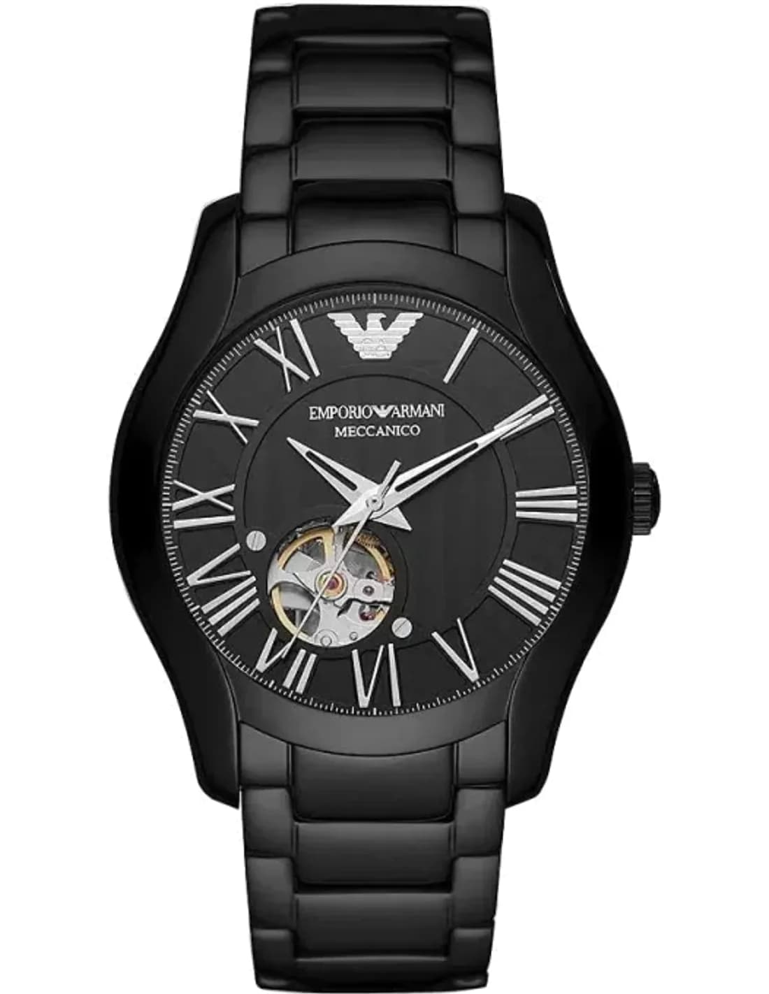 Montre Homme Emporio Armani Meccanico AR60014, boîtier et bracelet acier noir, mouvement automatique apparent
