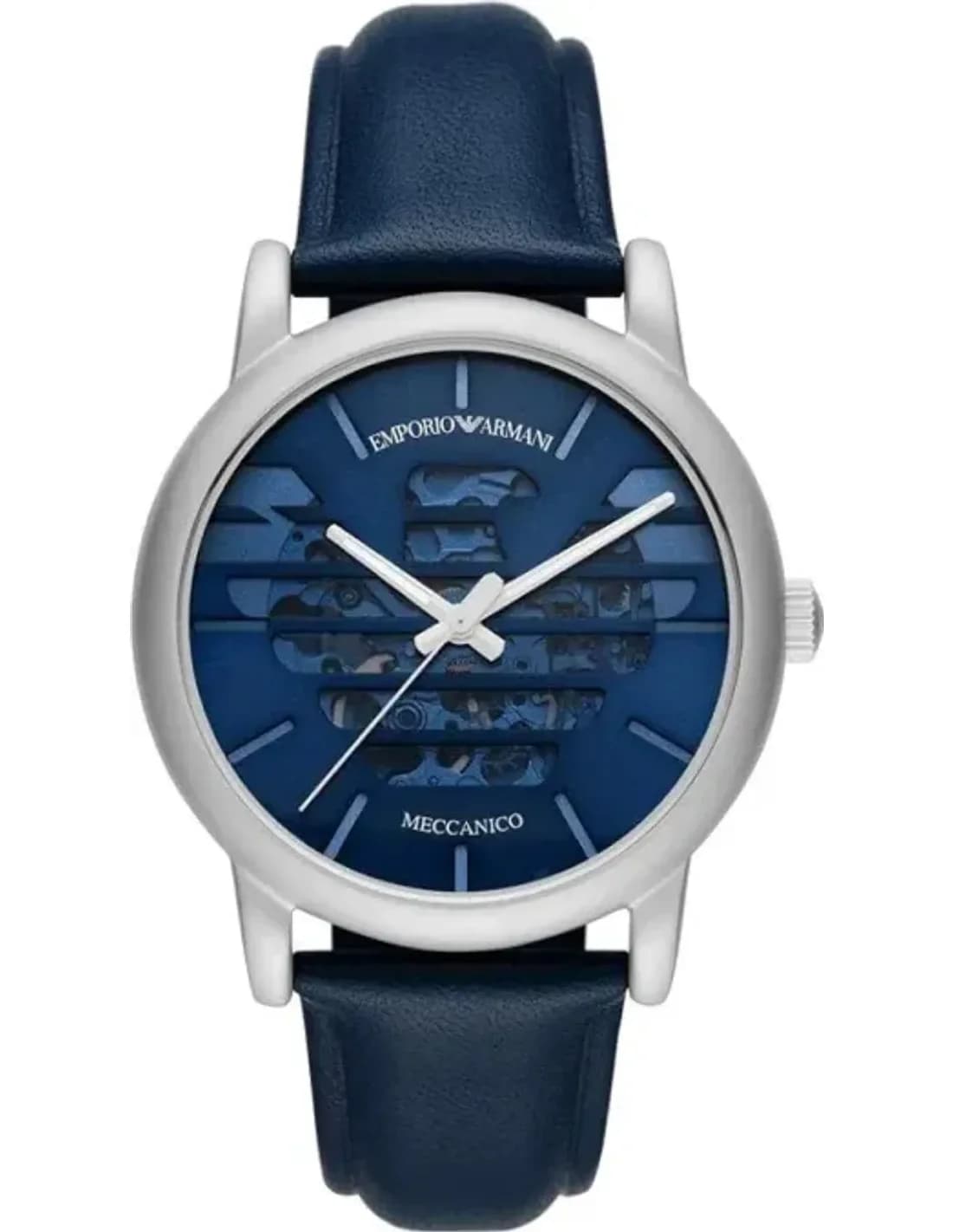 Montre Homme Emporio Armani Meccanico AR60030 - Cadran squelette bleu, boîtier gris, bracelet cuir