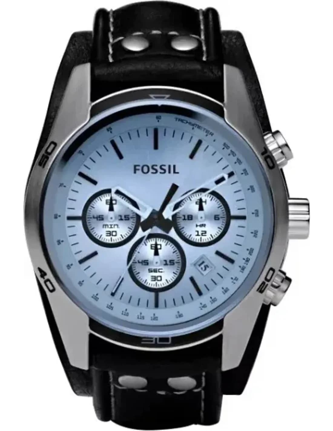 Montre Fossil Coachman CH2564 pour Homme - Cadran Bleu, Bracelet Cuir Noir, Boîtier Bicolore