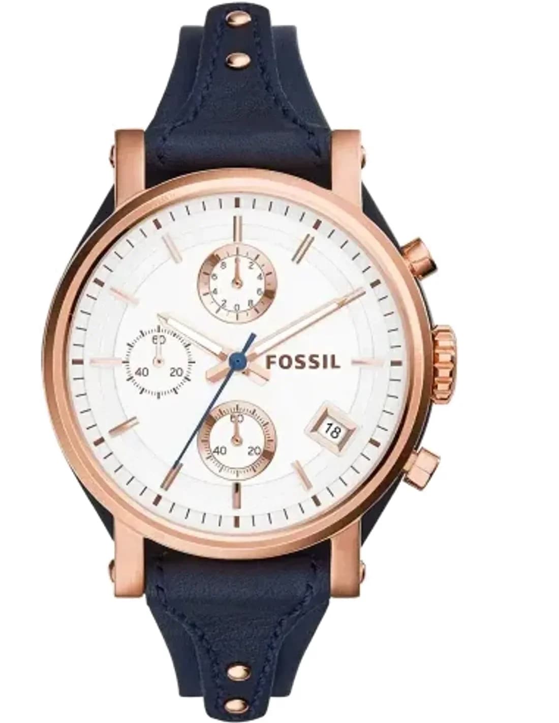 Montre Femme Fossil Original Boyfriend ES3838, boîtier or rose et bracelet cuir bleu