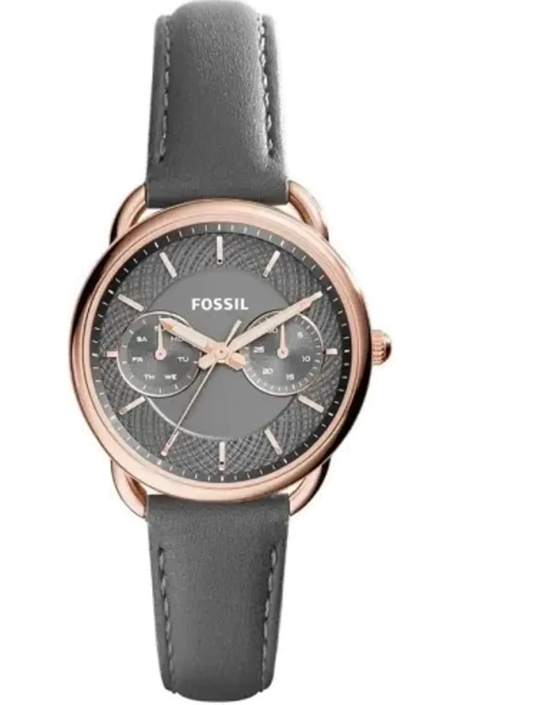 Montre Femme Fossil ES3913 Tailor - Cadran Gris, Boîtier Or Rose, Bracelet Cuir