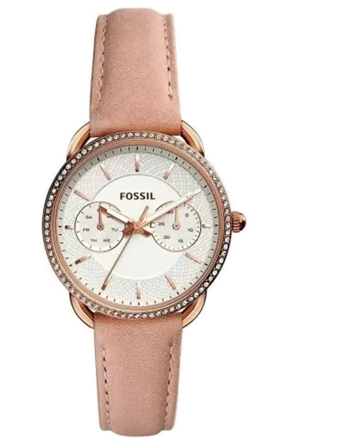 Montre Femme Fossil Tailor ES4393 - Cadran Blanc à Brillants, Bracelet Cuir Beige, Boîtier Or Rose