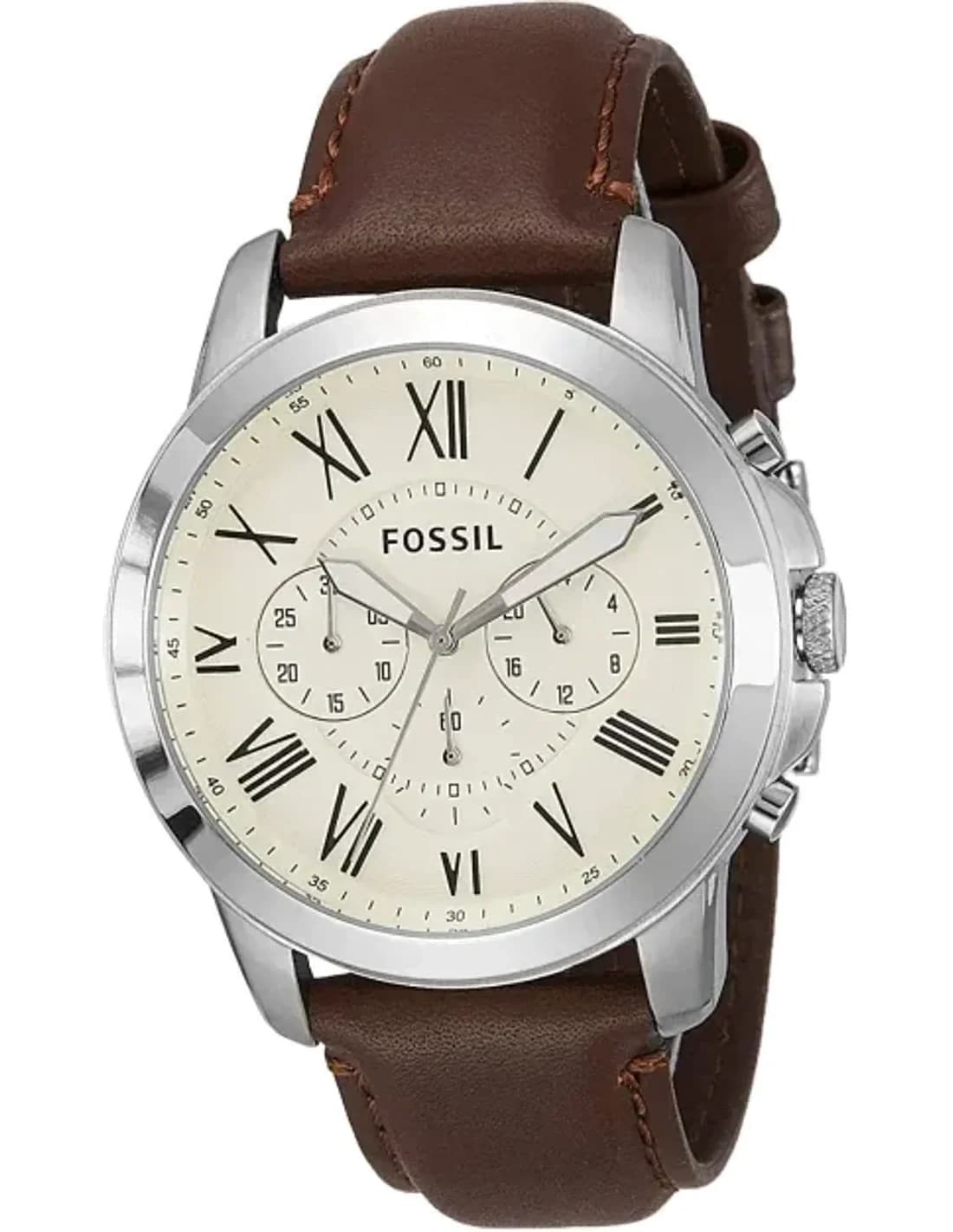 Montre Homme Fossil Grant FS4735 Cadran Argent et Bracelet Cuir Marron