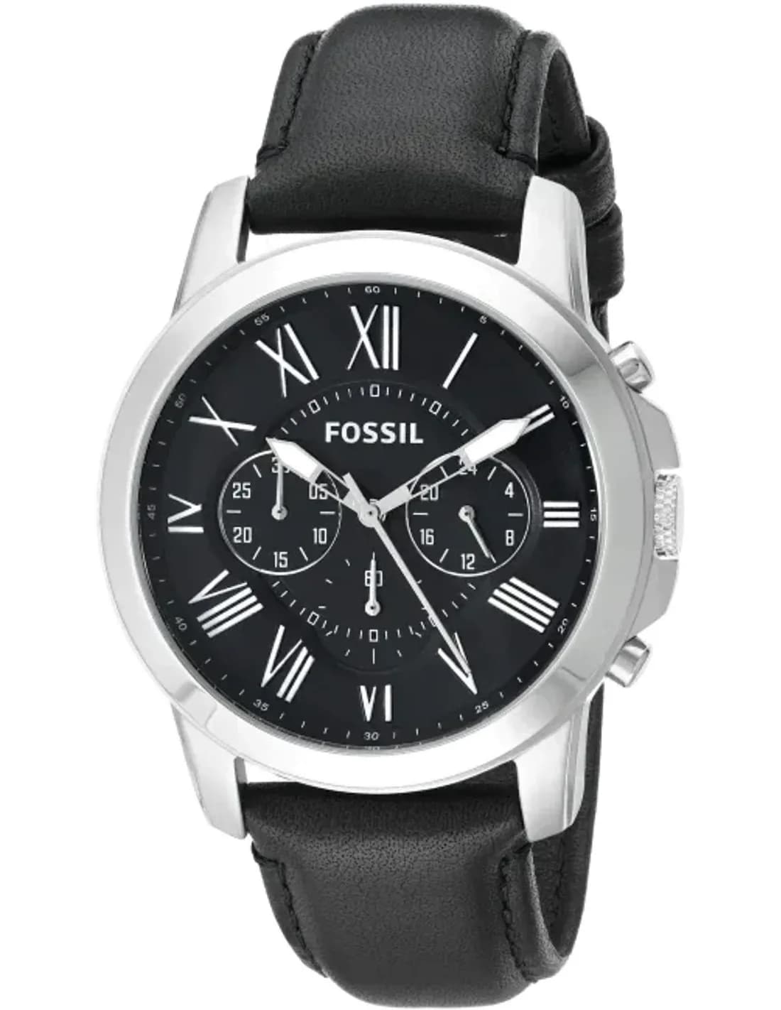Montre Homme Fossil Grant FS4812 - Cadran Argenté, Bracelet Cuir Noir