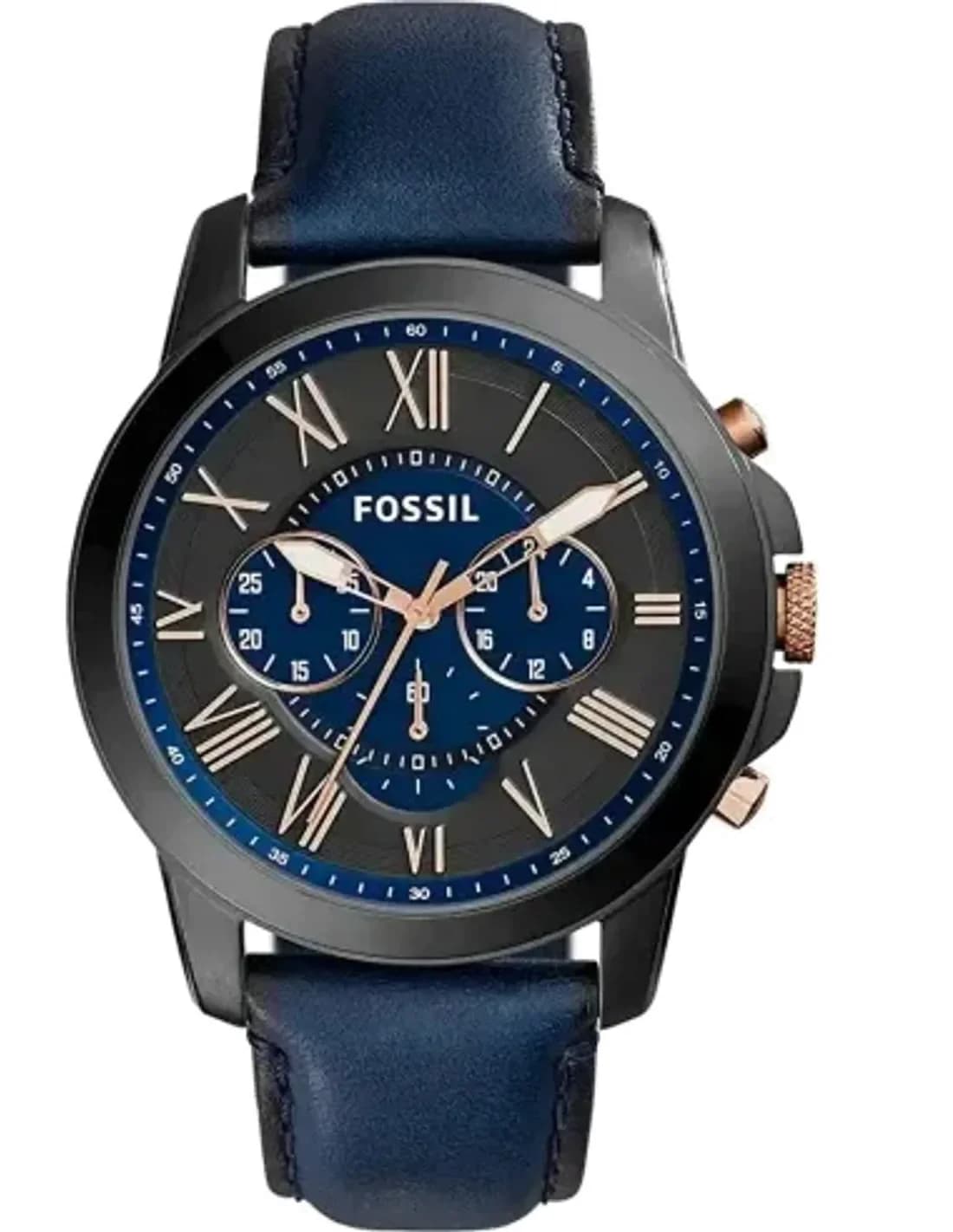 Montre Homme Fossil Grant FS5061 Chronographe Quartz Cadran Bleu Nuit Bracelet Cuir