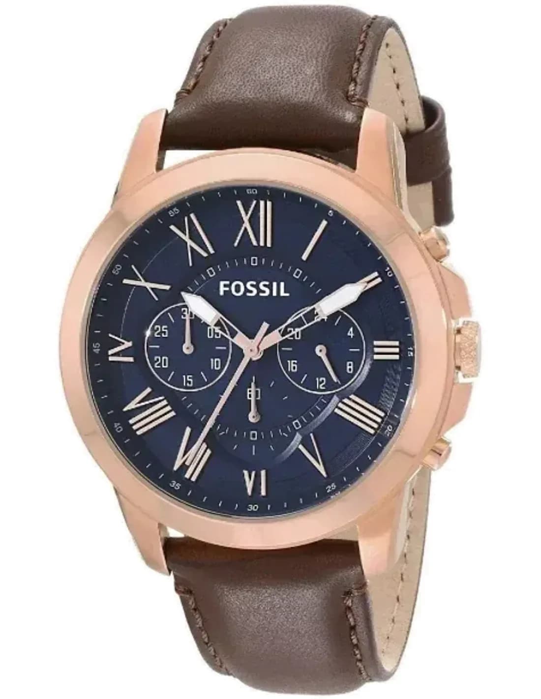 Montre Homme Fossil Grant FS5068IE Cadran Bleu, Boîtier Or Rose, Bracelet Cuir Marron