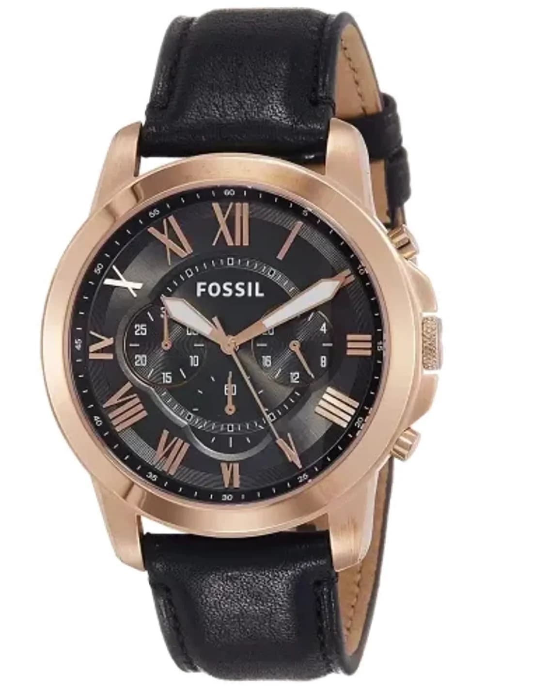 Montre Homme Fossil Grant FS5085 Cadran Gris, Boîtier Or Rose, Bracelet Cuir Noir