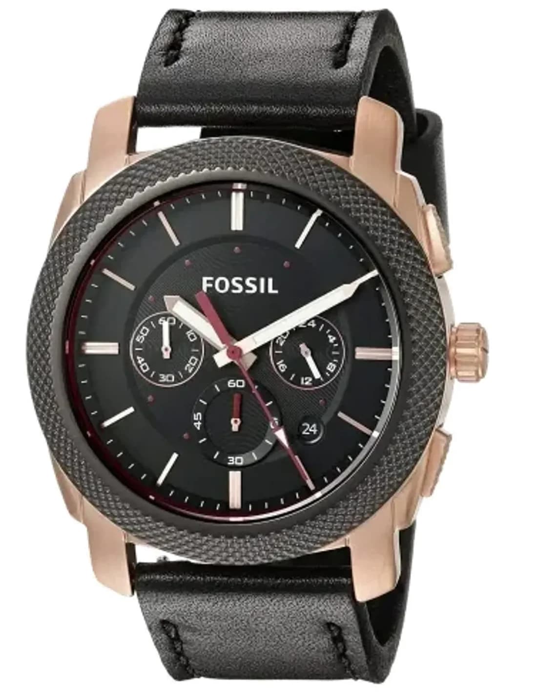 Montre Homme Fossil Machine FS5120, cadran noir, boîtier or rose, bracelet cuir