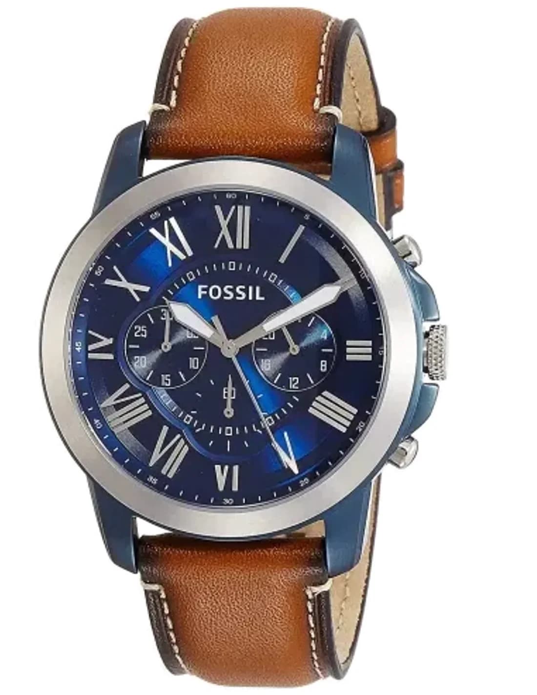 Montre Homme Fossil Grant FS5151, Cadran Bleu, Bracelet Cuir Marron