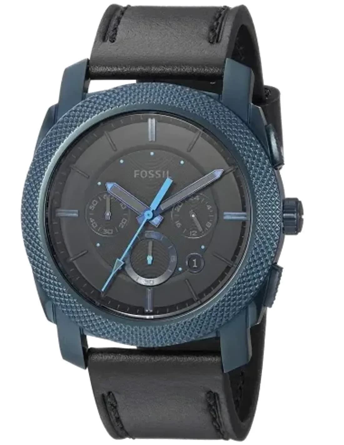 Montre Homme Fossil Machine FS5361 Boîtier Bleu Cadran Noir Bracelet Cuir