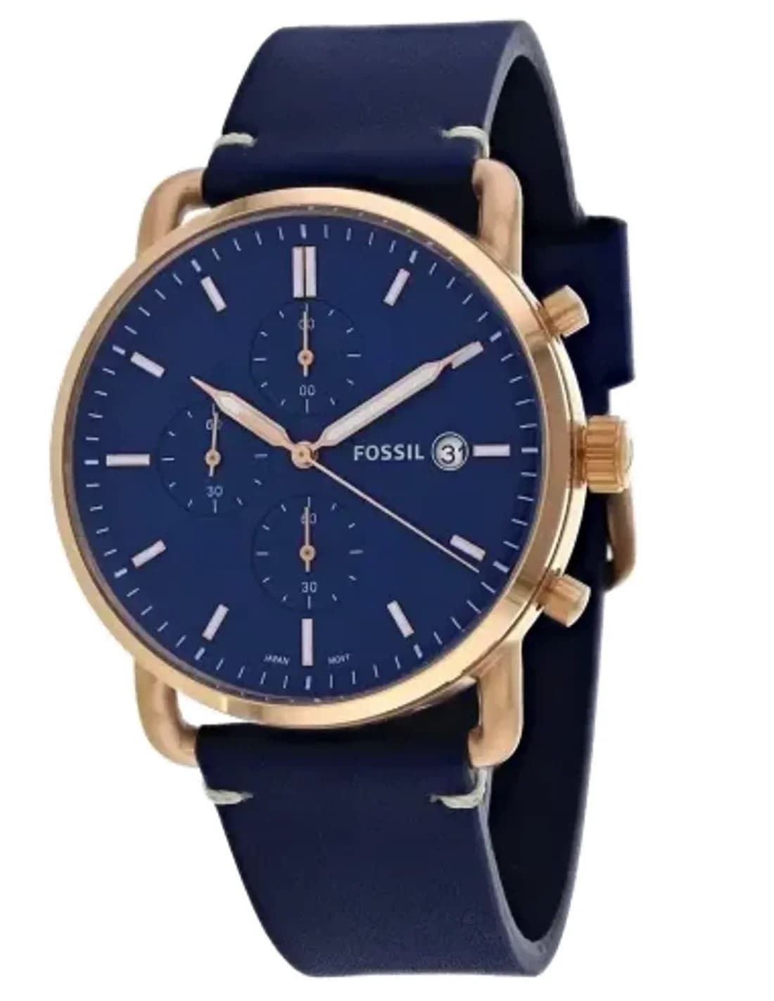 Montre Homme Fossil The Commuter FS5404, Cadran et Bracelet Bleu, Boîtier Or Rose