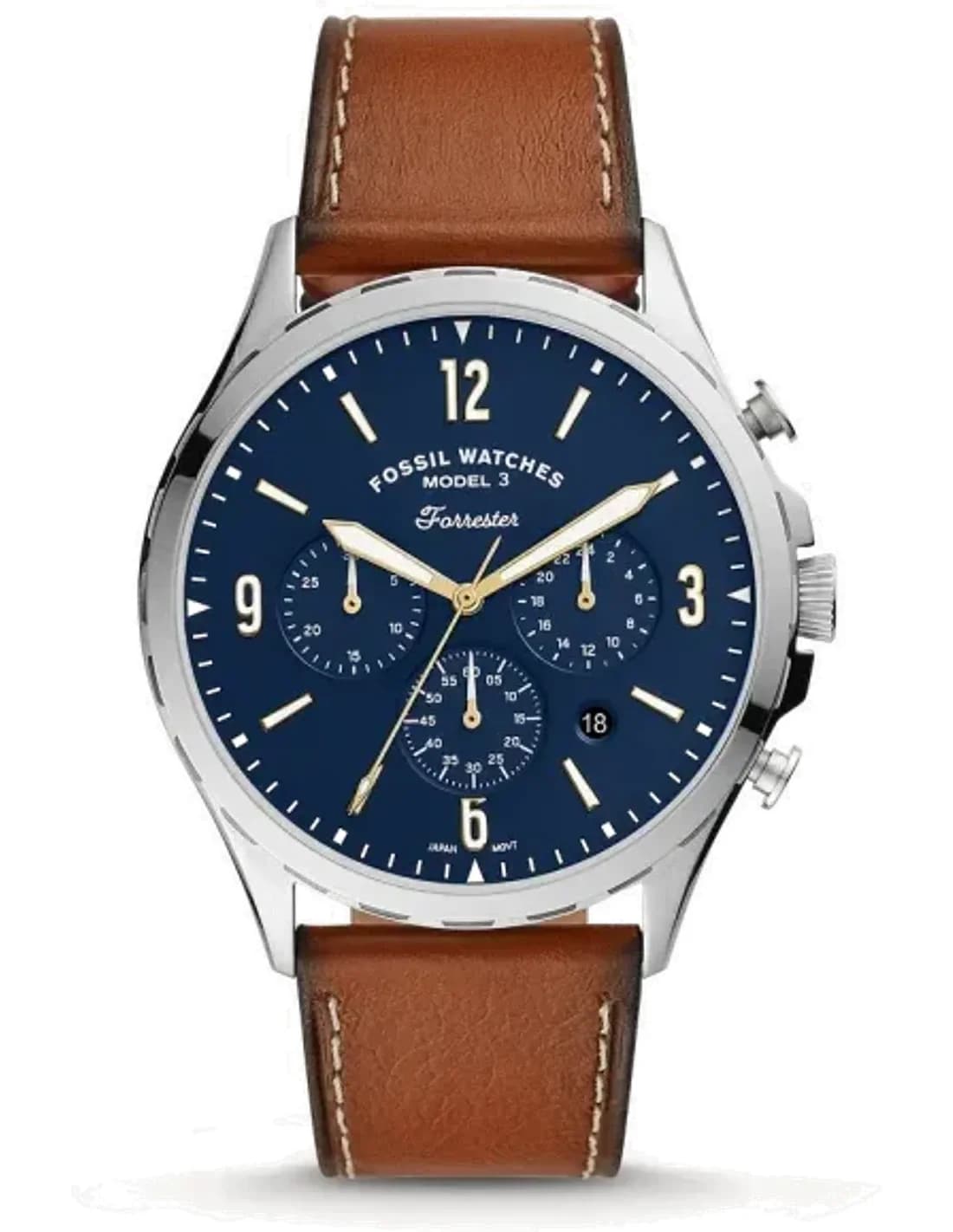Montre Homme Fossil FS5607 Forrester - Cadran Bleu, Boîtier Argent, Bracelet Cuir Marron