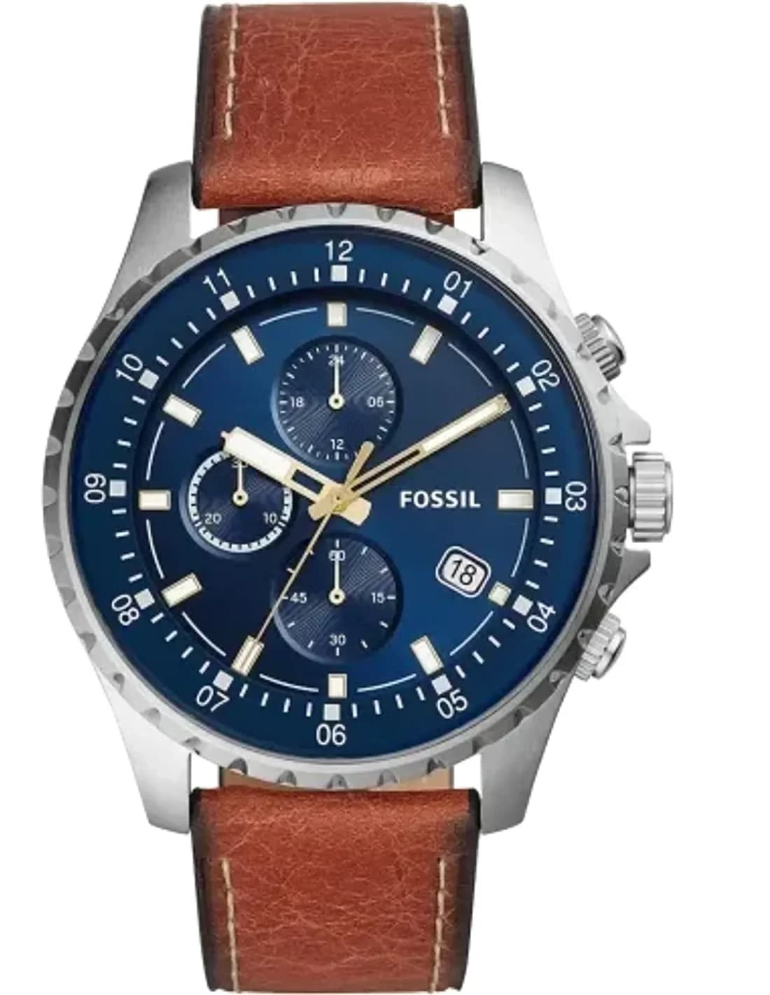 Montre Homme Fossil Dillinger FS5675 - Cadran Bleu, Boîtier Noir, Bracelet Cuir Marron